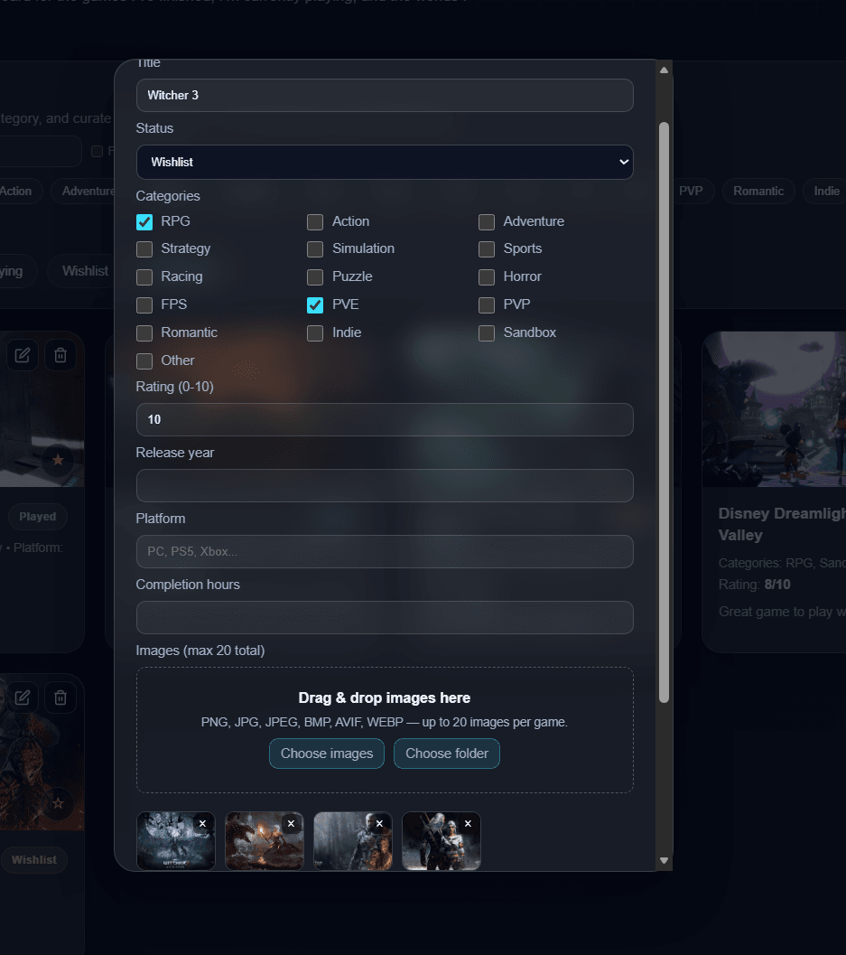 Add / edit game modal